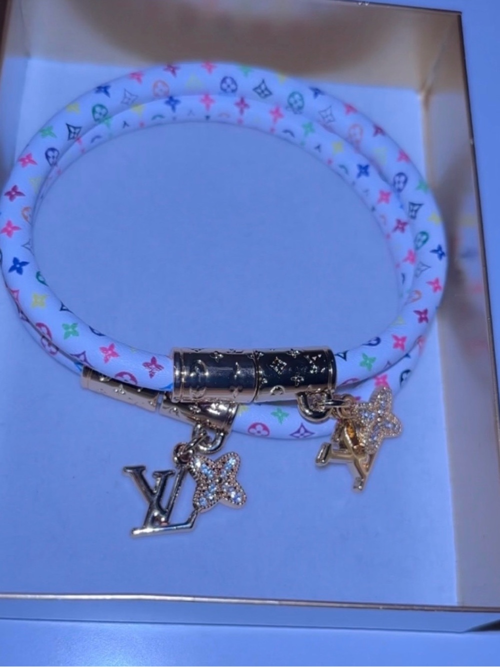 White Multicolor Wrap Bracelet with Gold Charms